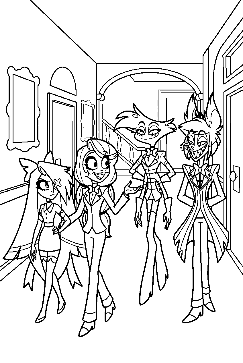 hazbin hotel characters exploring in hazbin hotel line art
