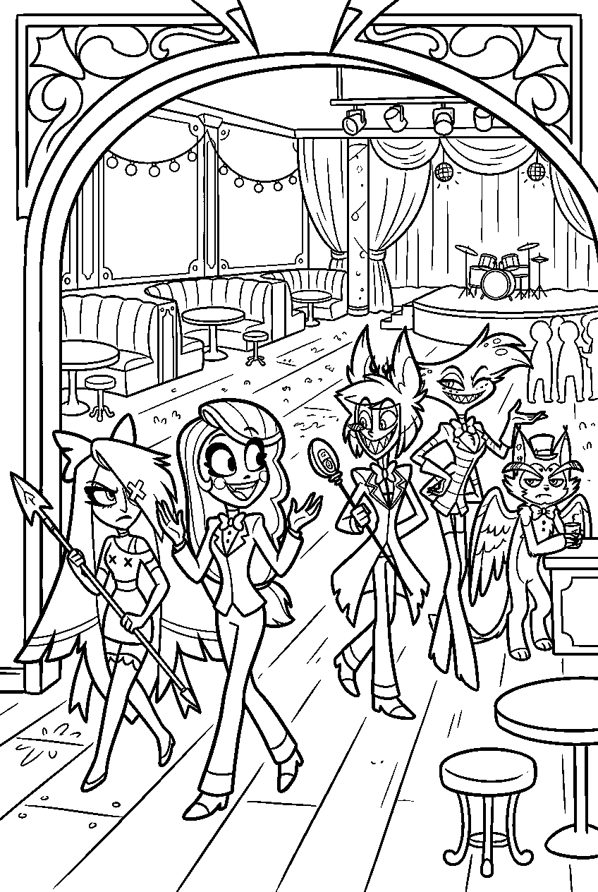 hazbin hotel characters exploring in nightclub line art
