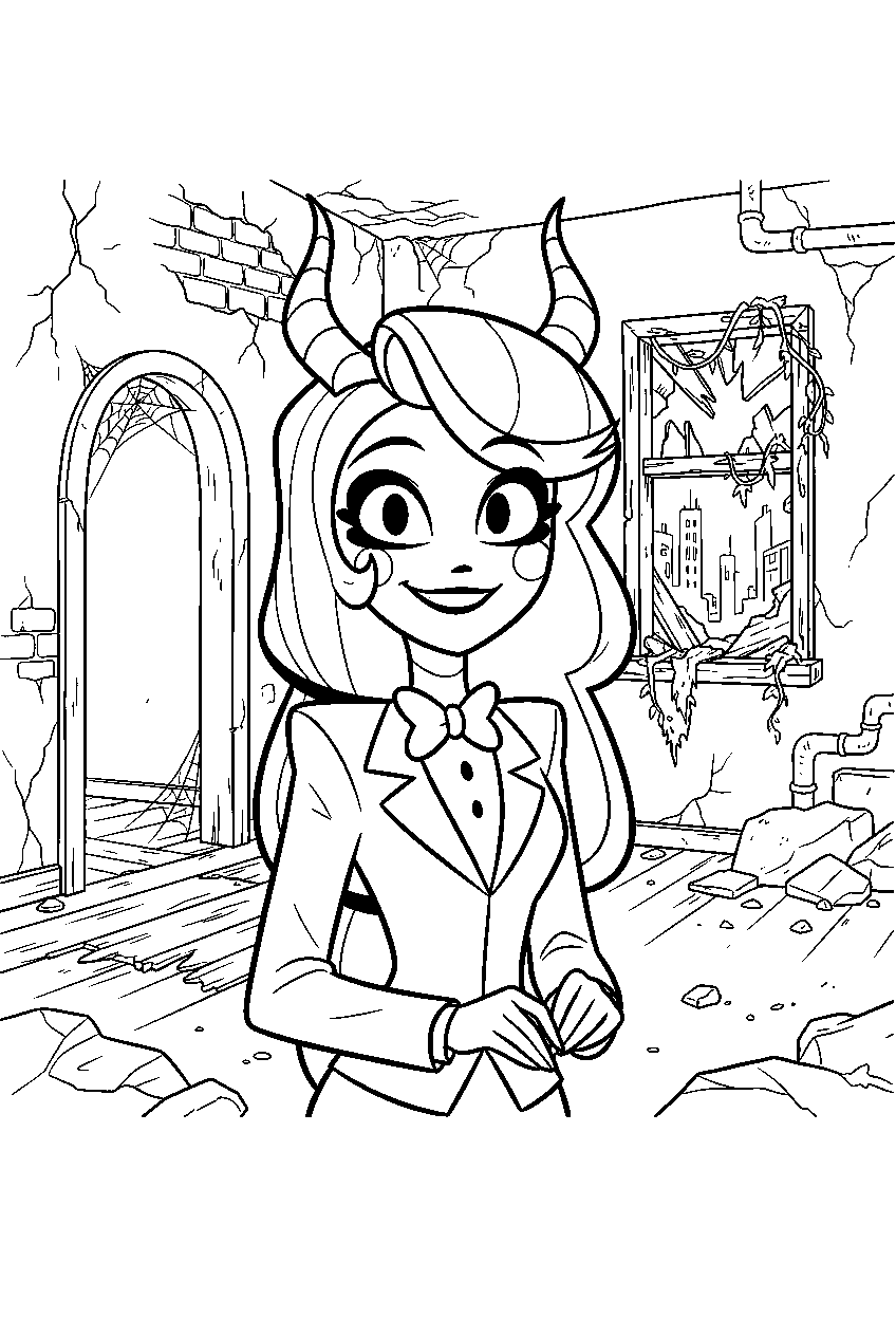 hazbin hotel characters in abandoned building line art