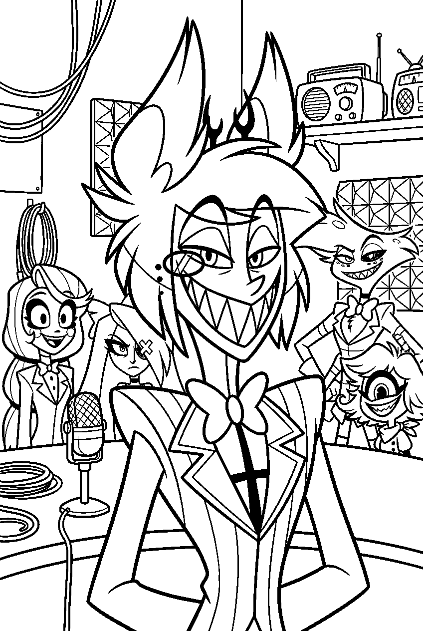 hazbin hotel characters in alastor s radio room line art