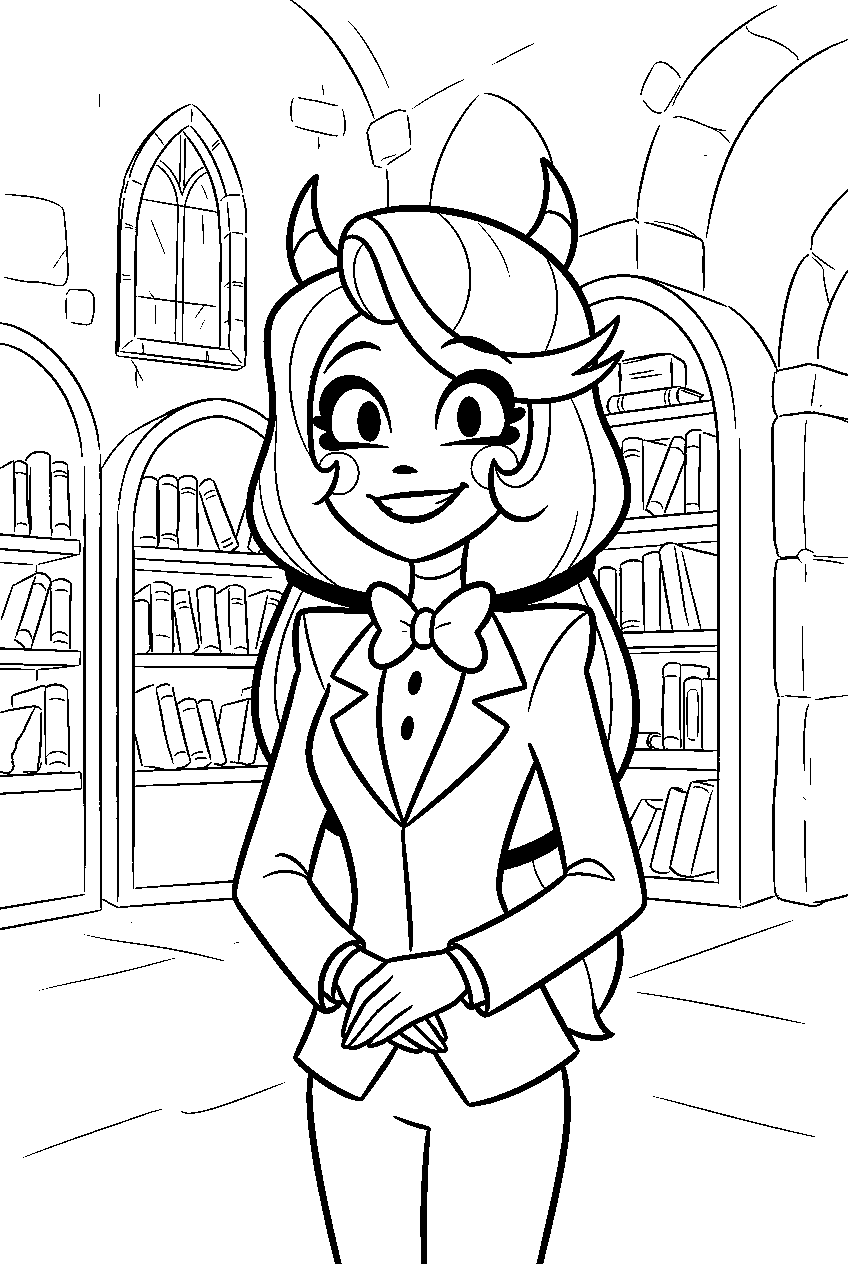hazbin hotel characters in ancient library line art