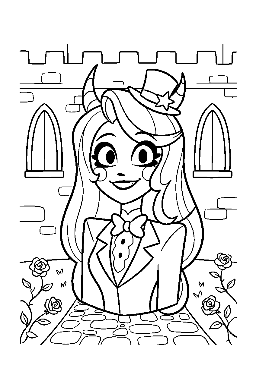hazbin hotel characters in castle courtyard line art