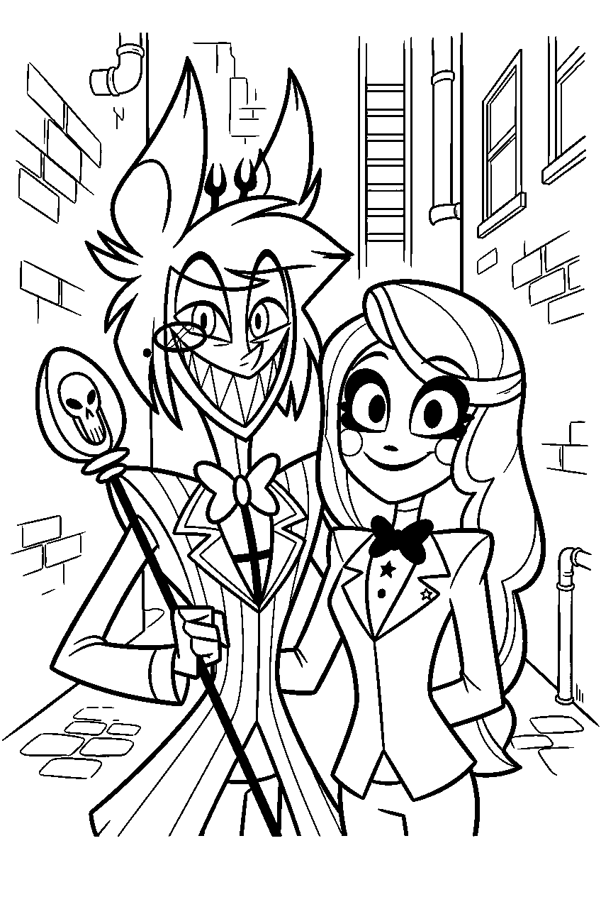 hazbin hotel characters in dark alley line art