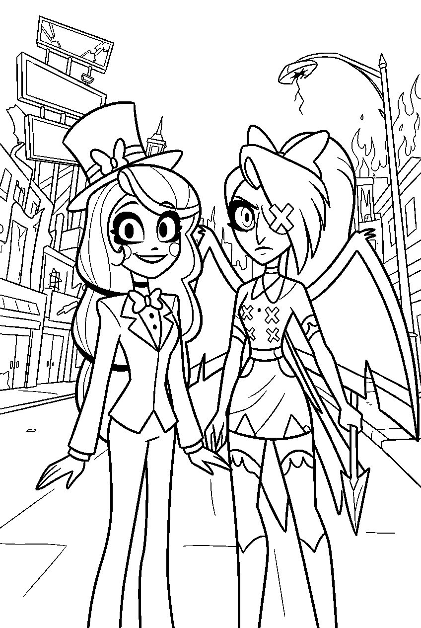 hazbin hotel characters in downtown district line art