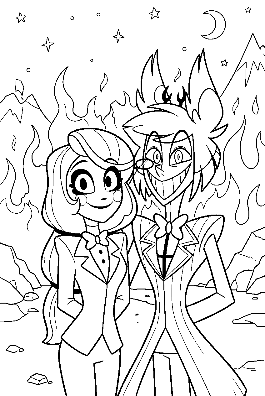 hazbin hotel characters in fiery valley line art
