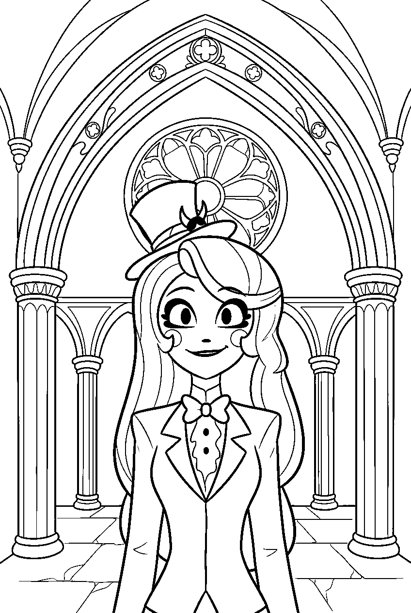 hazbin hotel characters in gothic cathedral line art