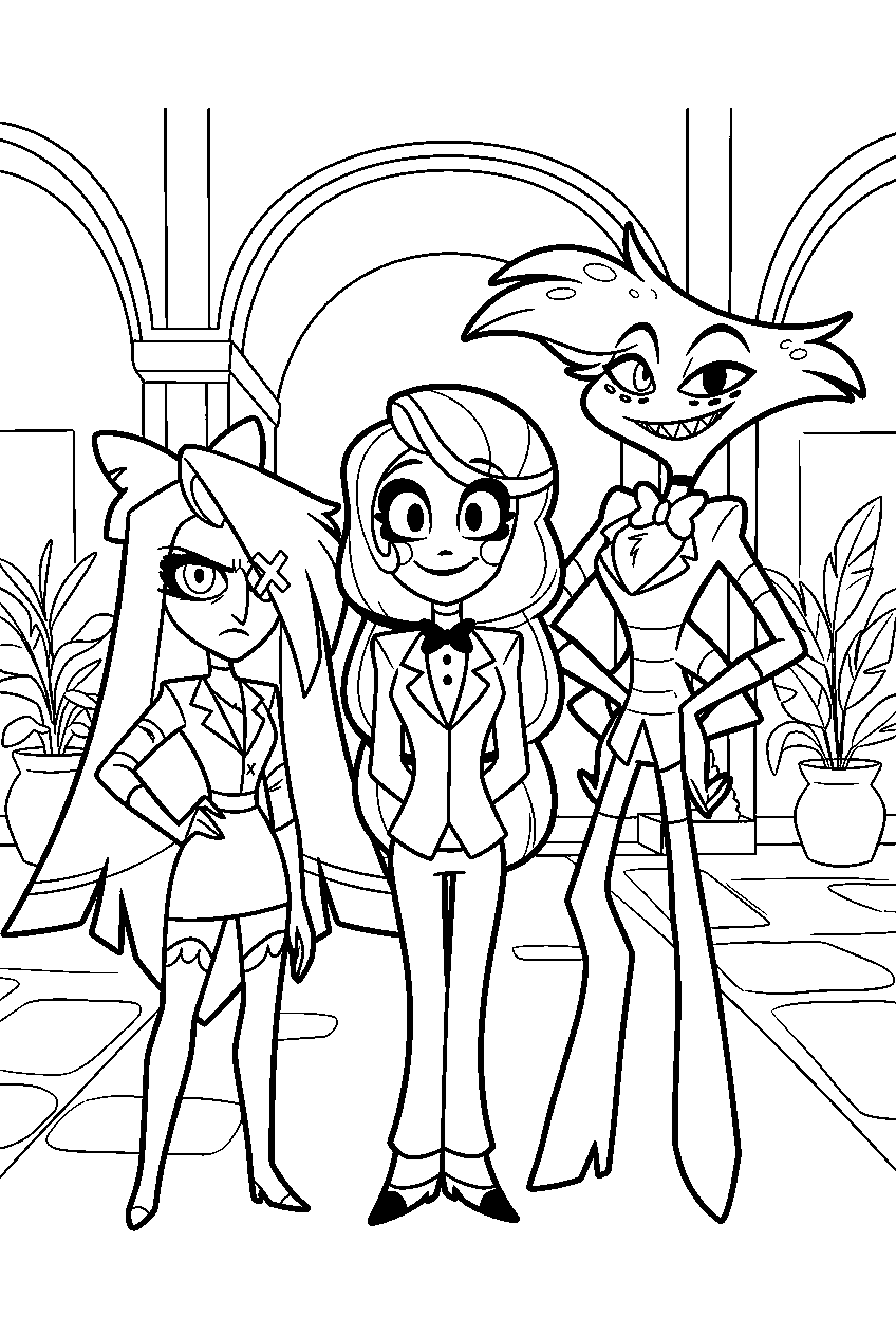 hazbin hotel characters in hotel courtyard line art