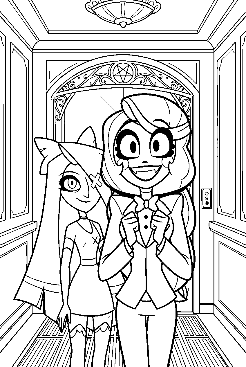 hazbin hotel characters in hotel elevator line art