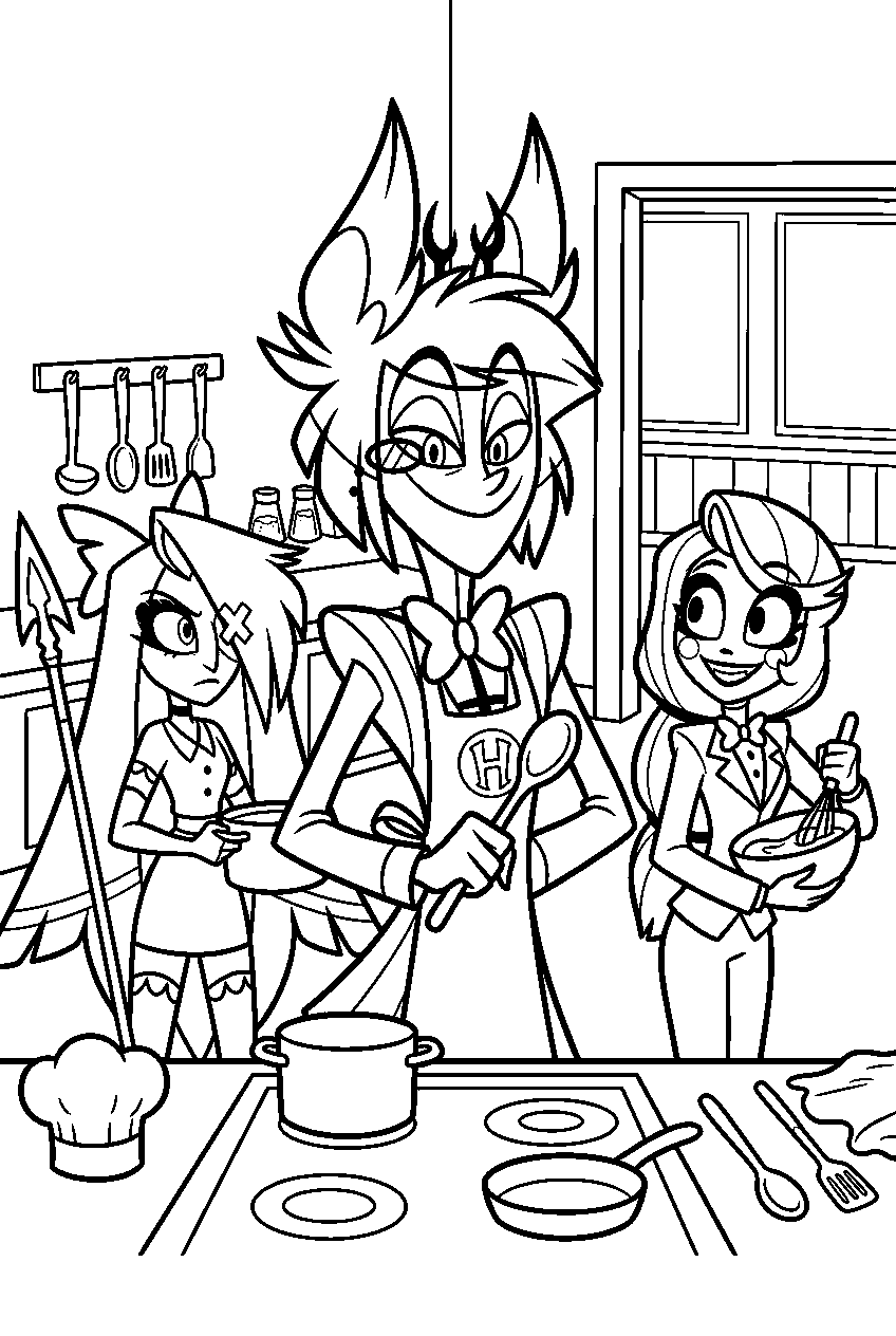 hazbin hotel characters in hotel kitchen line art