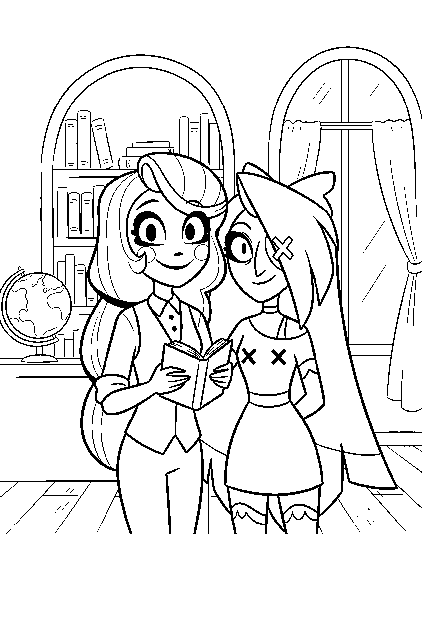 hazbin hotel characters in hotel library line art