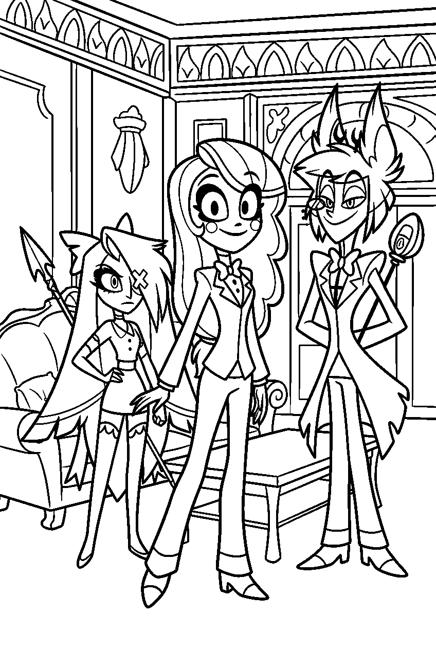 hazbin hotel characters in hotel lounge line art
