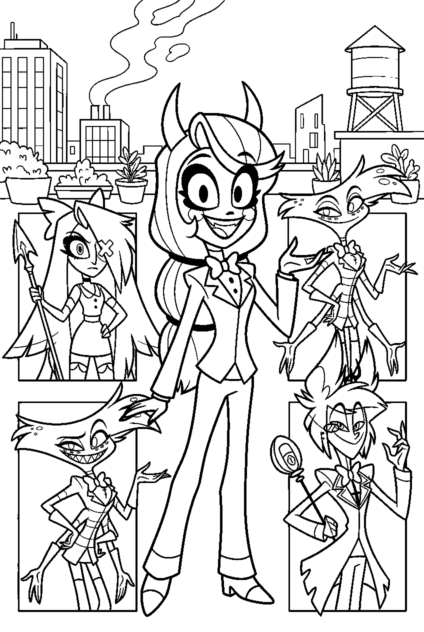 hazbin hotel characters in hotel rooftop line art