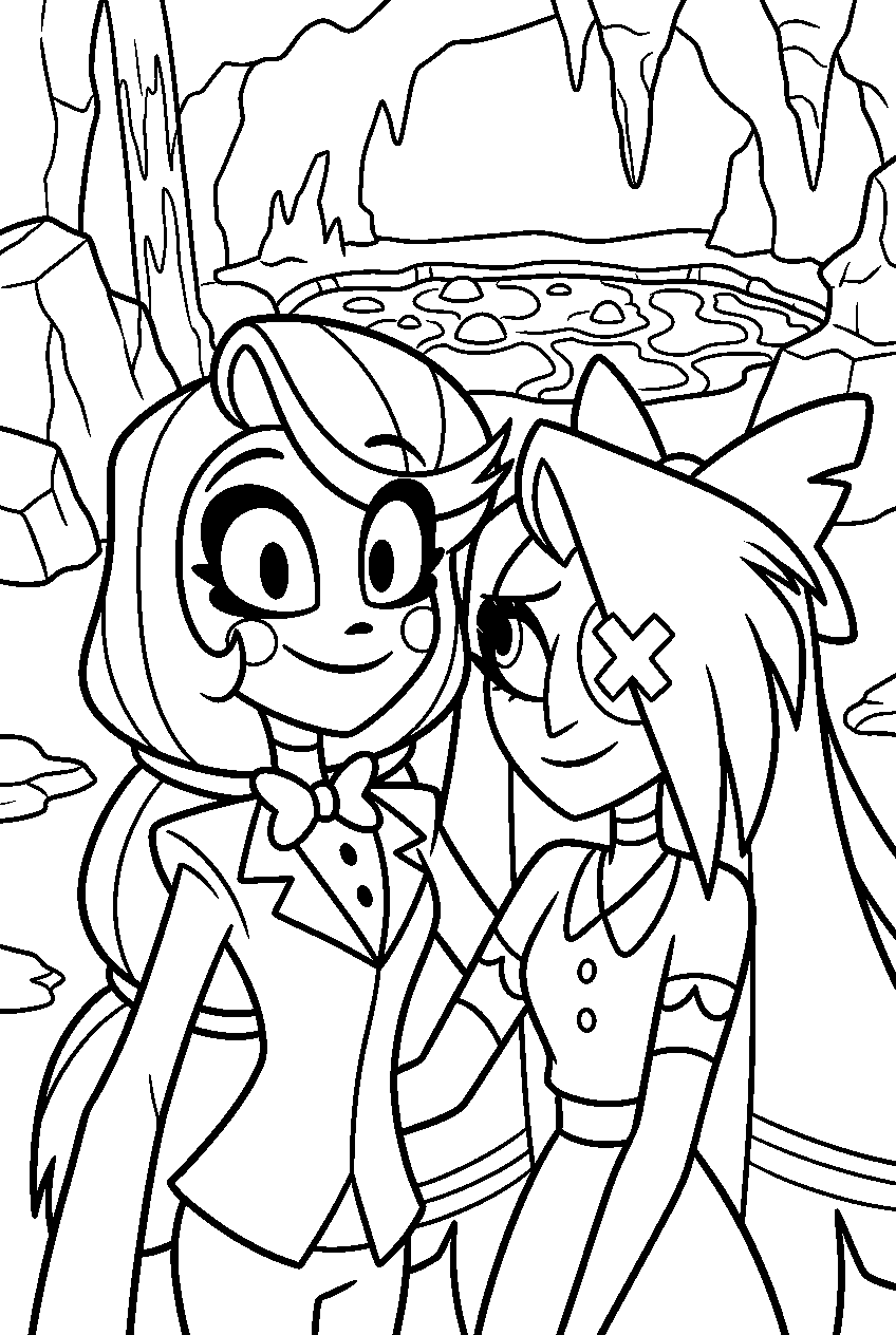 hazbin hotel characters in lava cavern line art