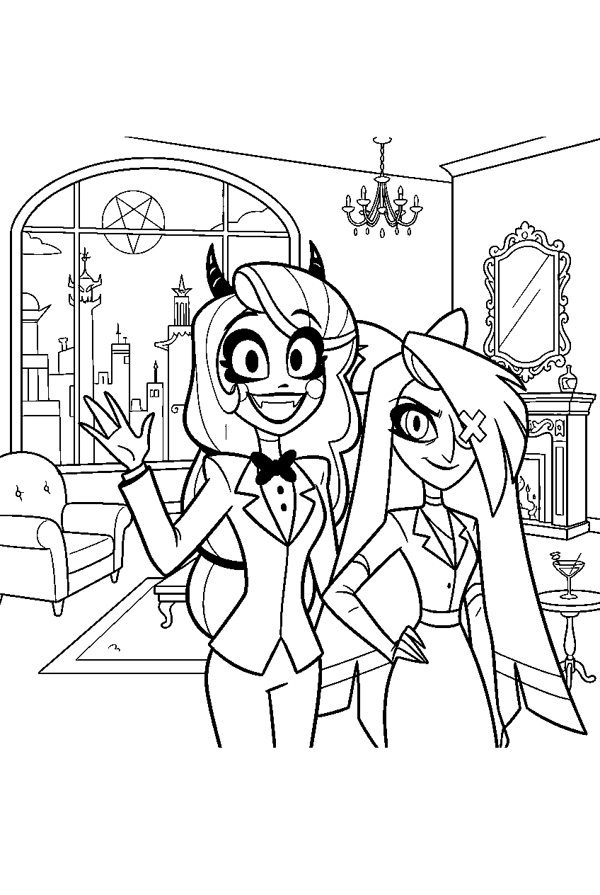 hazbin hotel characters in luxury penthouse line art