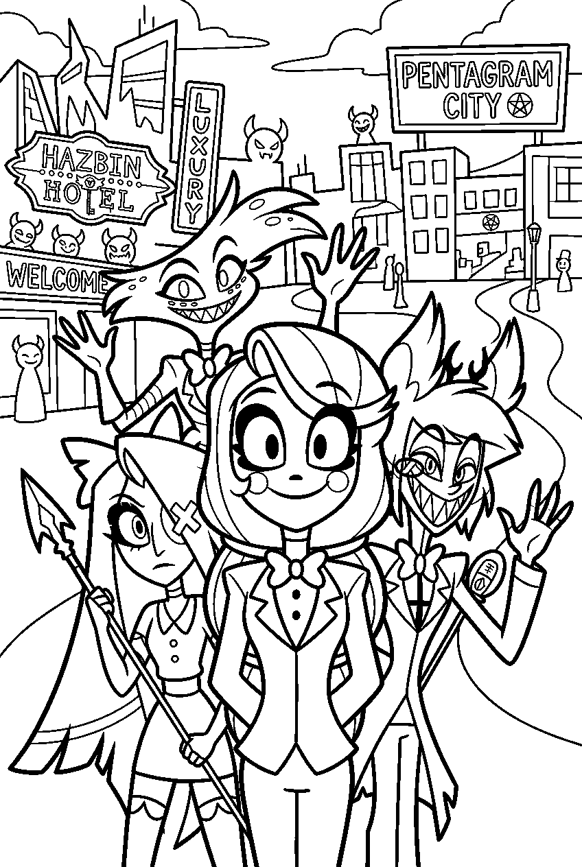 hazbin hotel characters in pentagram city line art