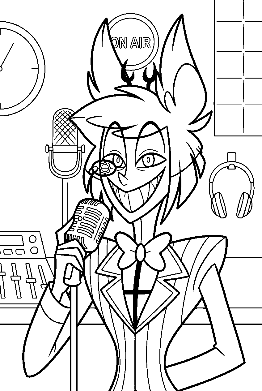 hazbin hotel characters in radio station line art