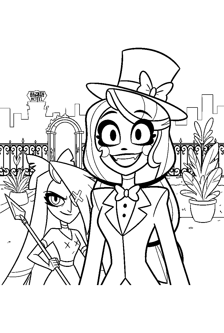 hazbin hotel characters in rooftop garden line art
