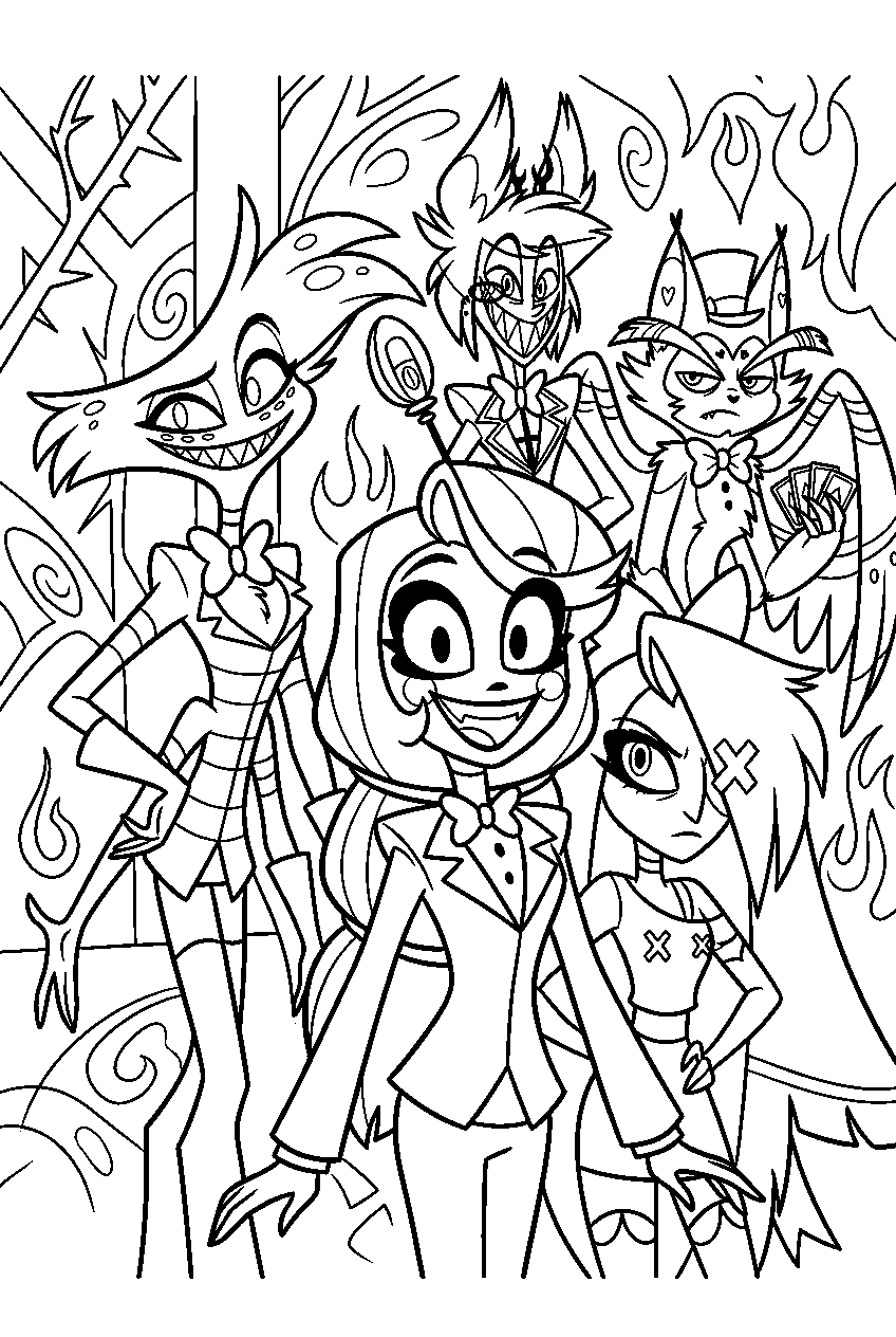 hazbin hotel characters in shadow realm line art