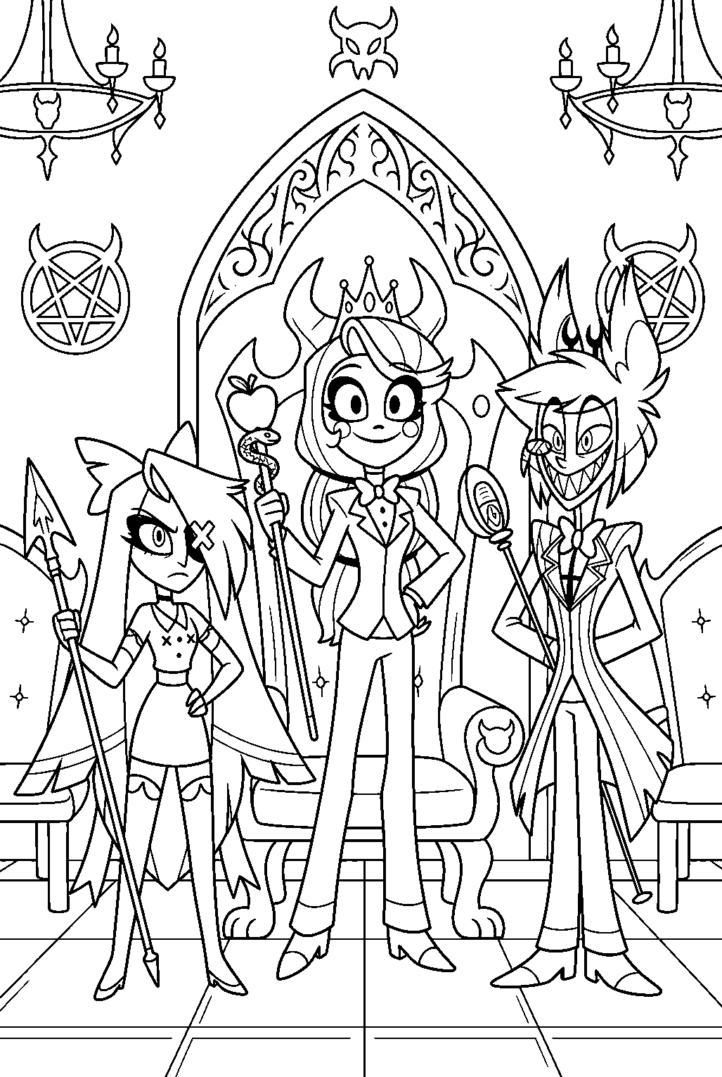hazbin hotel characters in throne room line art