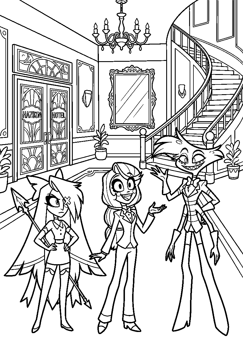 hazbin hotel characters looking around in hotel lobby line art