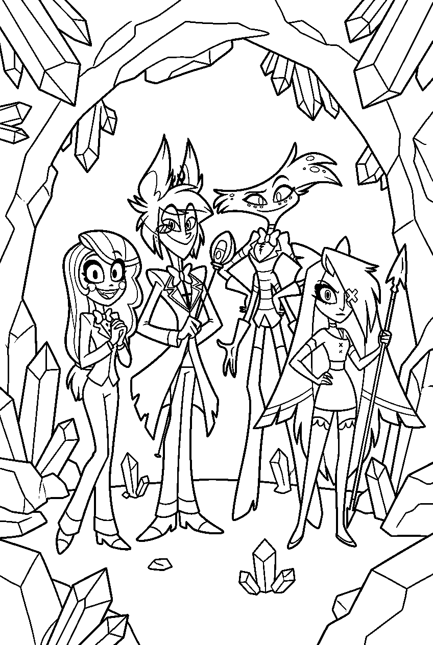 hazbin hotel characters portrait in crystal cave line art