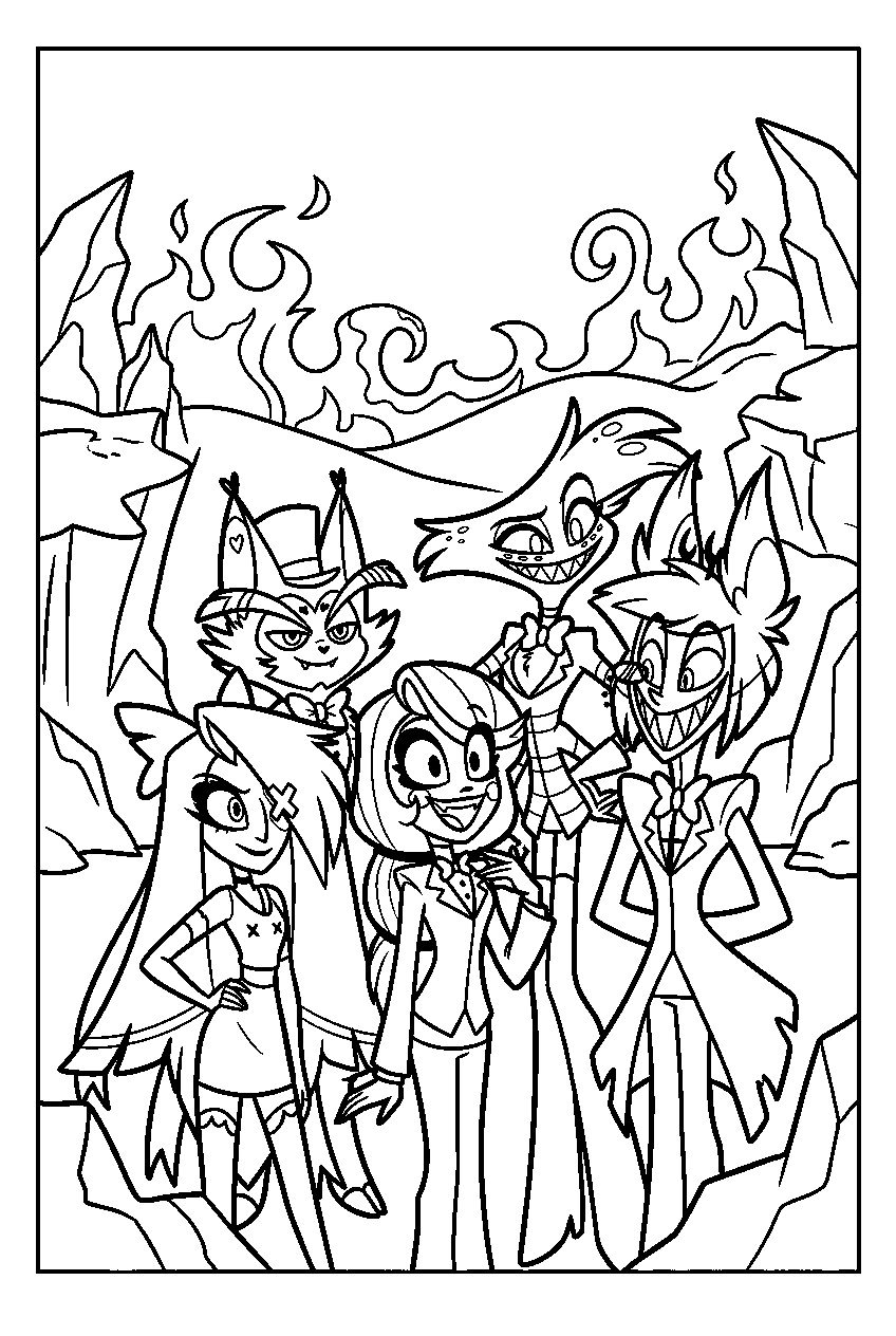 hazbin hotel characters portrait in fiery valley line art