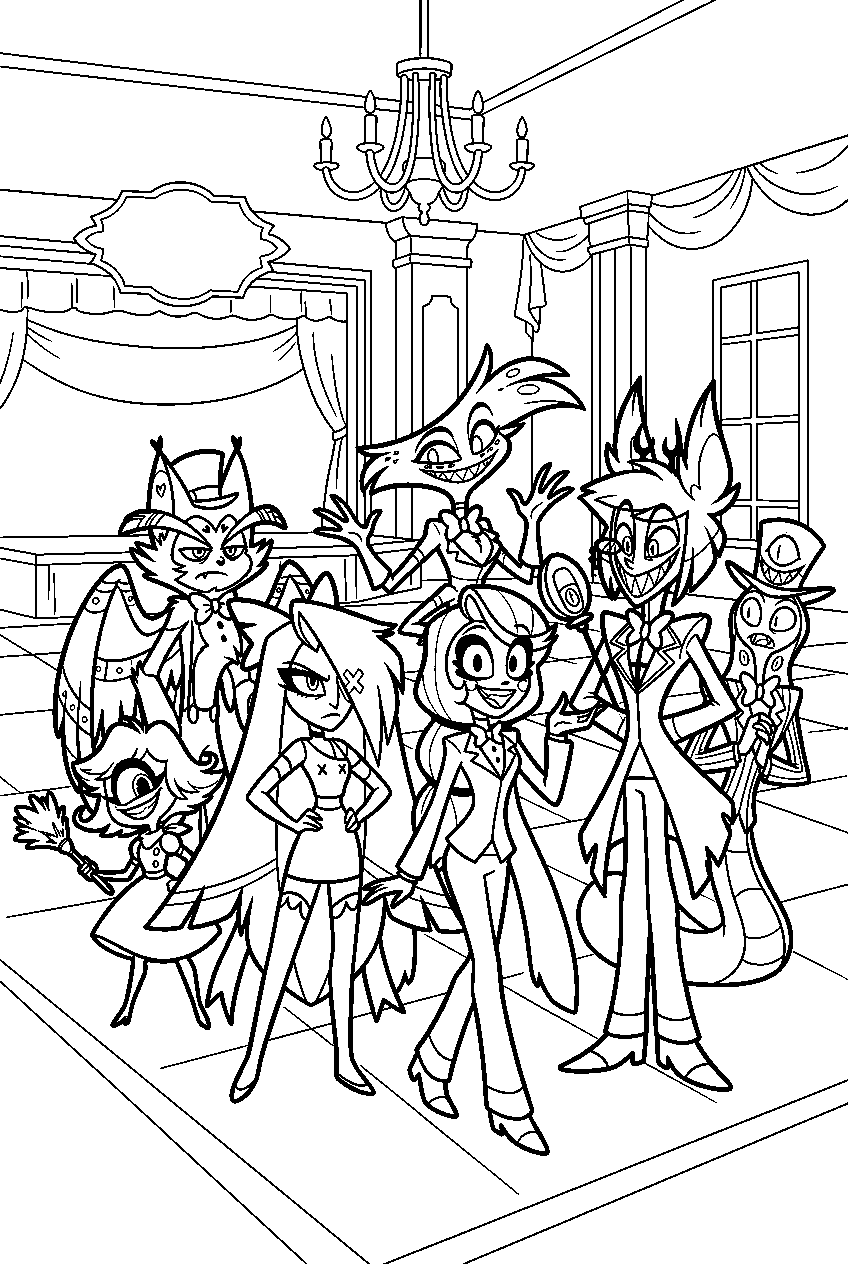 hazbin hotel characters portrait in hotel ballroom line art