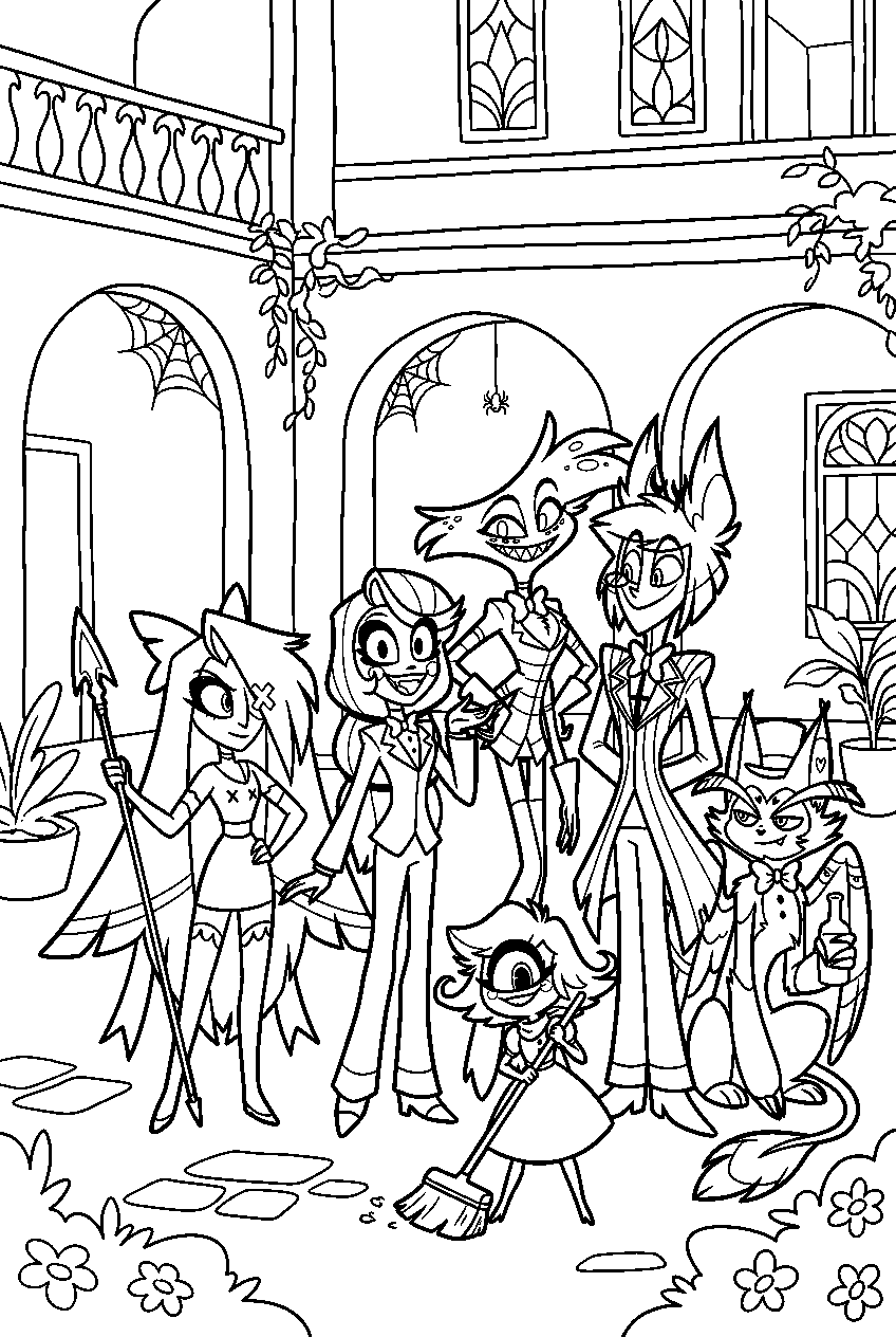 hazbin hotel characters portrait in hotel courtyard line art