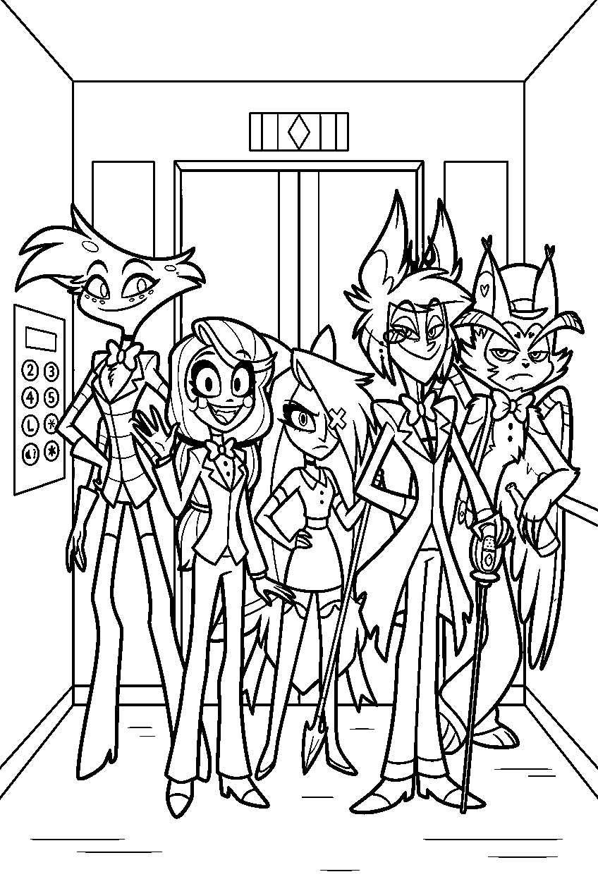 hazbin hotel characters portrait in hotel elevator line art