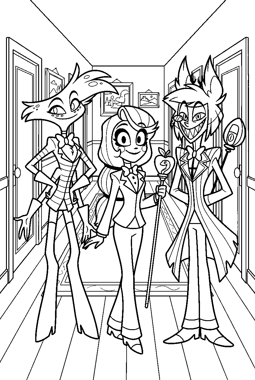 hazbin hotel characters portrait in hotel hallway line art