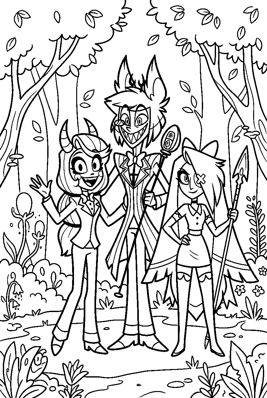 hazbin hotel characters portrait in magical forest line art
