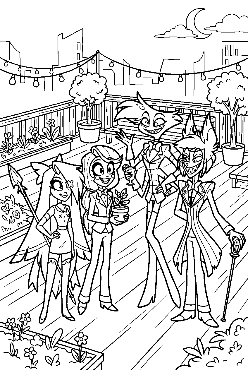 hazbin hotel characters portrait in rooftop garden line art