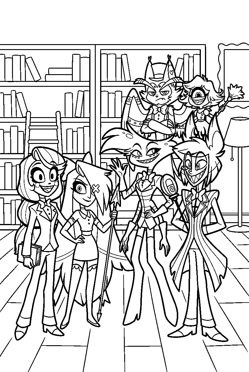 hazbin hotel characters posing in hotel library line art