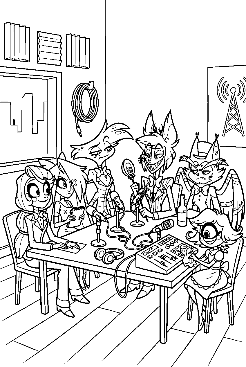 hazbin hotel characters sitting in radio station line art