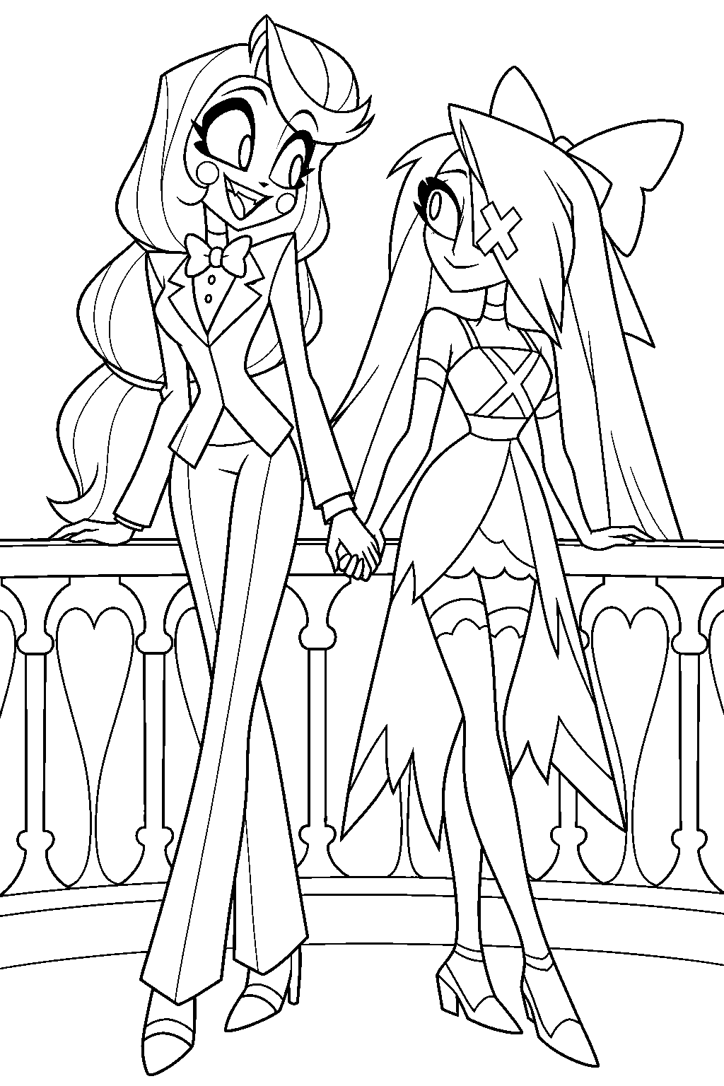hazbin hotel charlie morningstar and vaggie holding hands on the hotel balcony line art