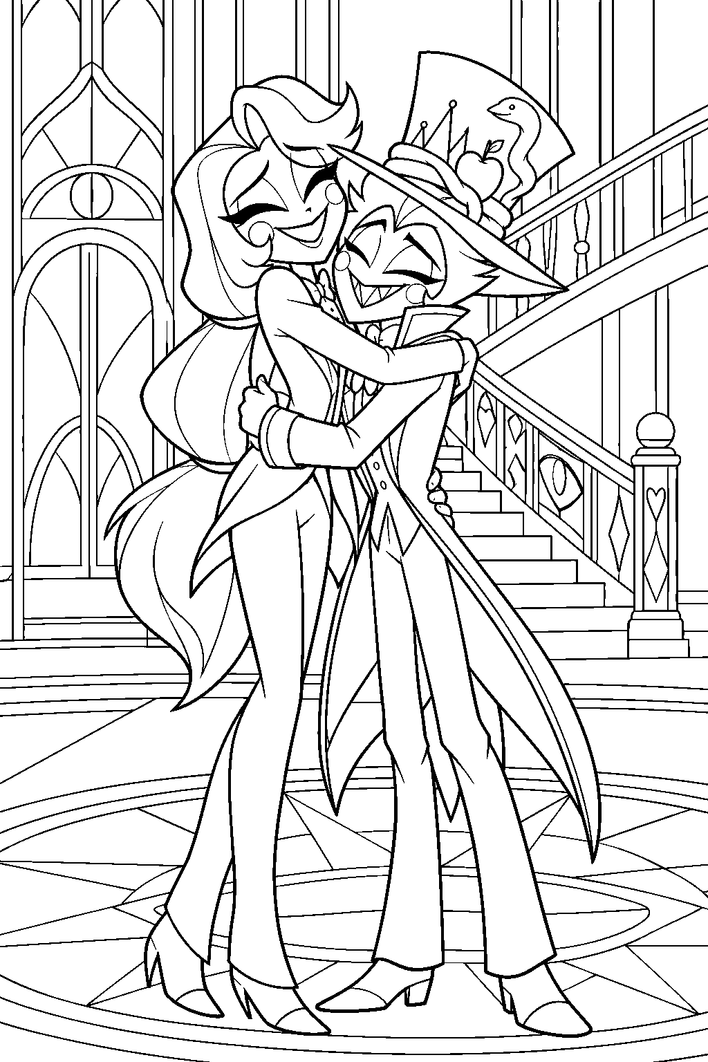 hazbin hotel charlie morningstar hugging lucifer in the hotel lobby line art