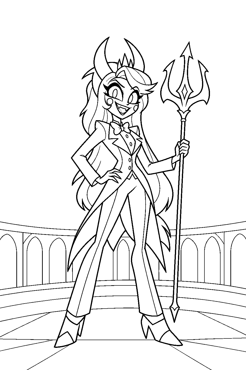 hazbin hotel charlie morningstar in her demon form holding her trident line art