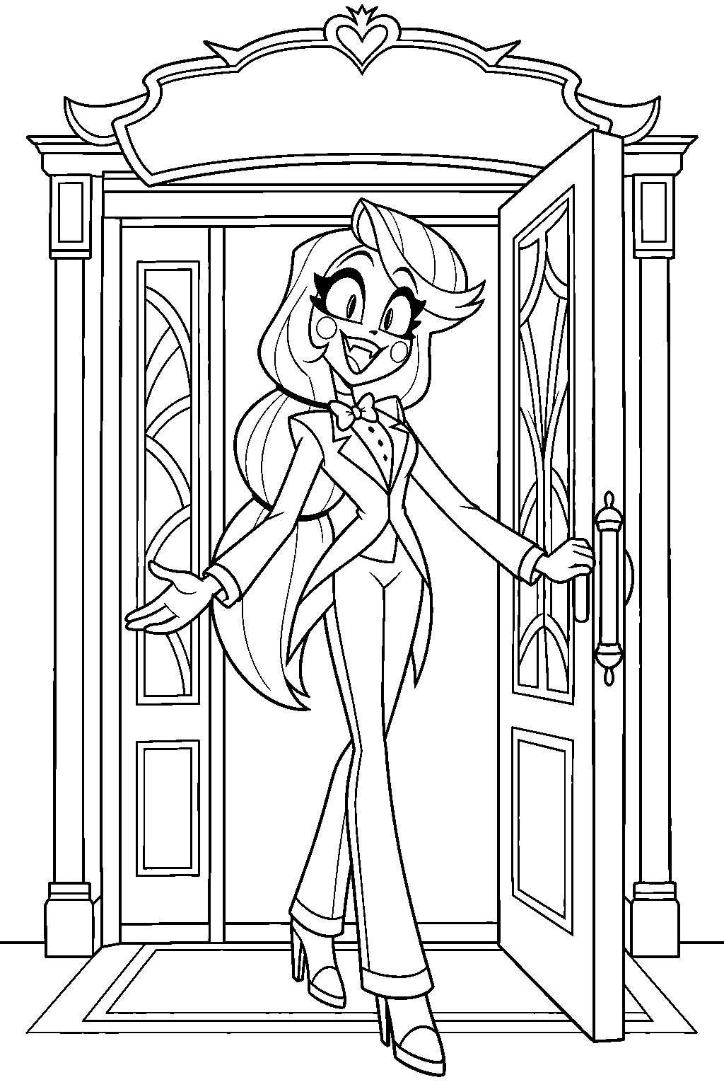 hazbin hotel charlie morningstar opening the hotel front door beneath the welcome sign line art