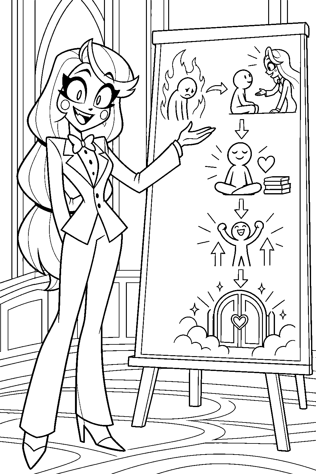 hazbin hotel charlie morningstar presenting her redemption plan beside a lesson board line art