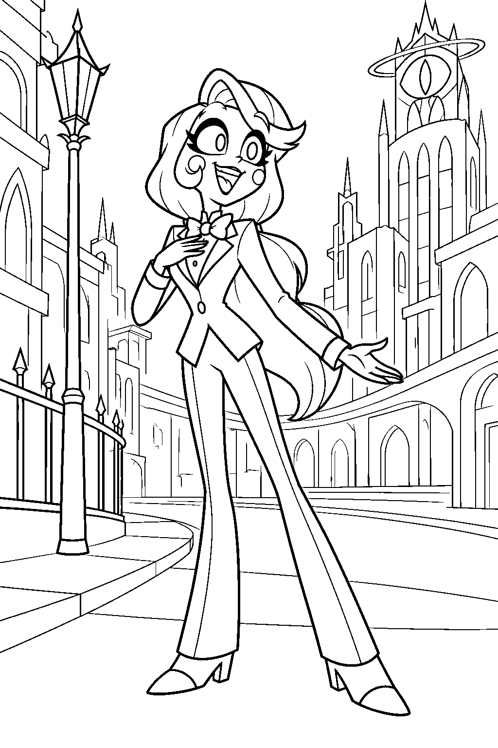 hazbin hotel charlie morningstar singing on a pentagram city street line art