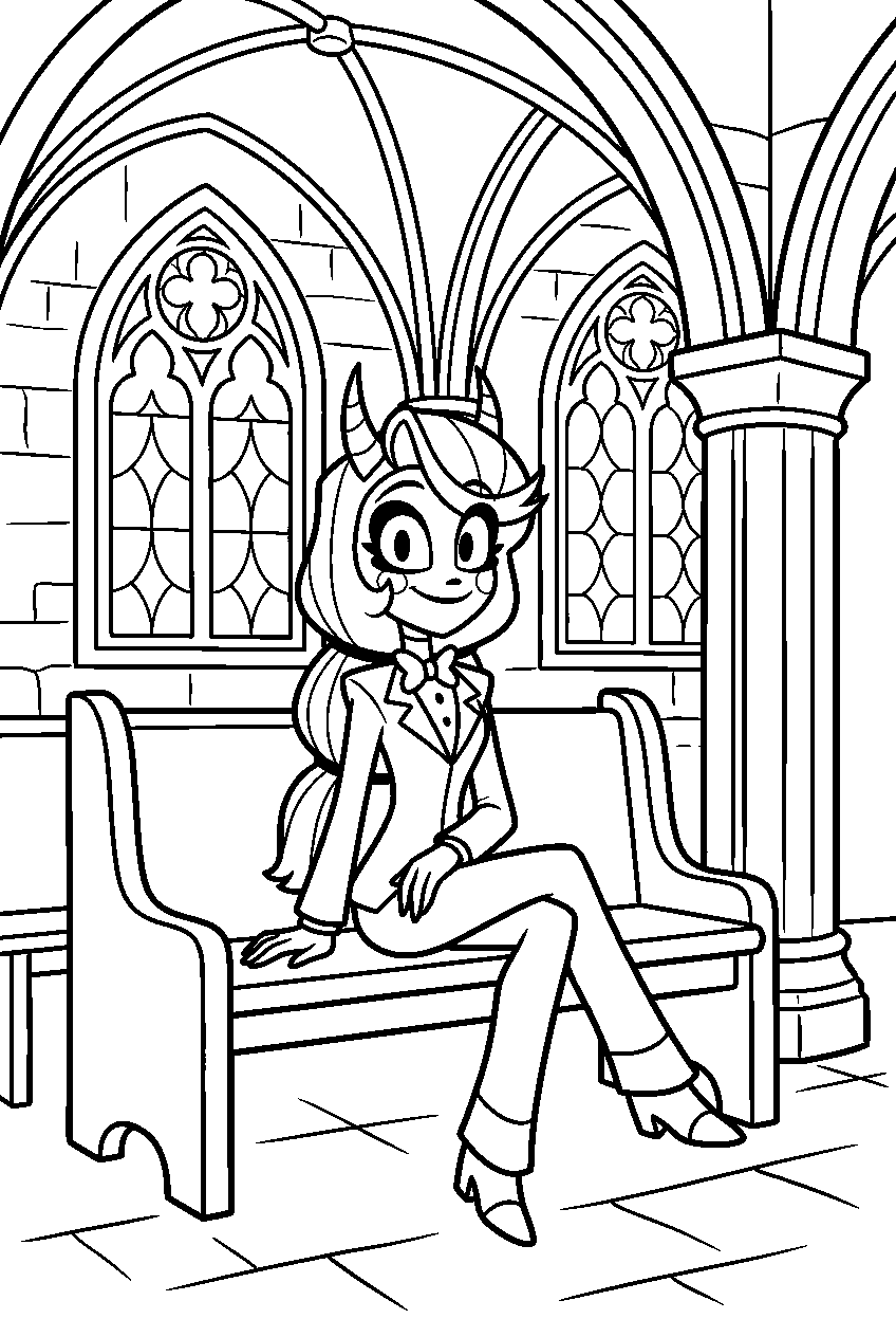 hazbin hotel charlie morningstar sitting in gothic cathedral line art