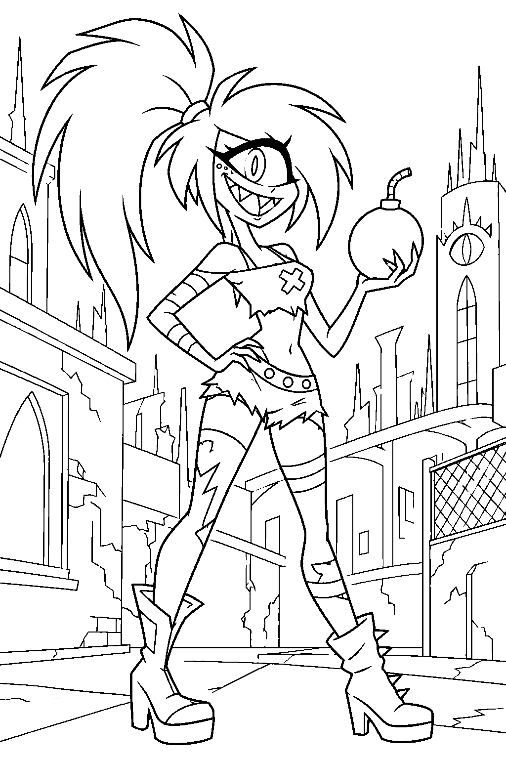 hazbin hotel cherri bomb holding a round bomb on a pentagram city street line art
