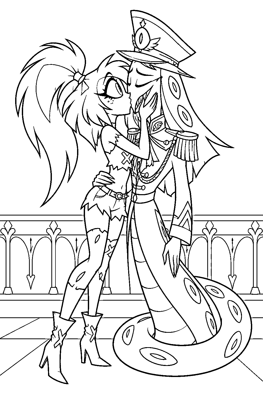hazbin hotel cherri bomb kissing sir pentious in his general uniform line art