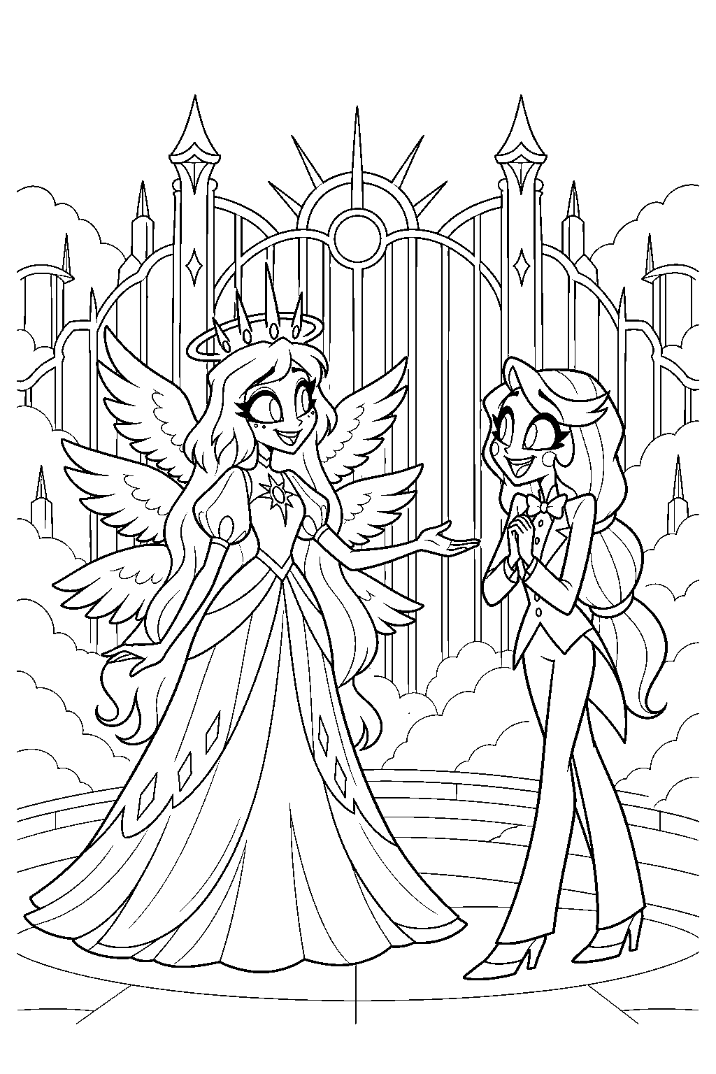 hazbin hotel emily welcoming charlie morningstar at the gates of heaven line art