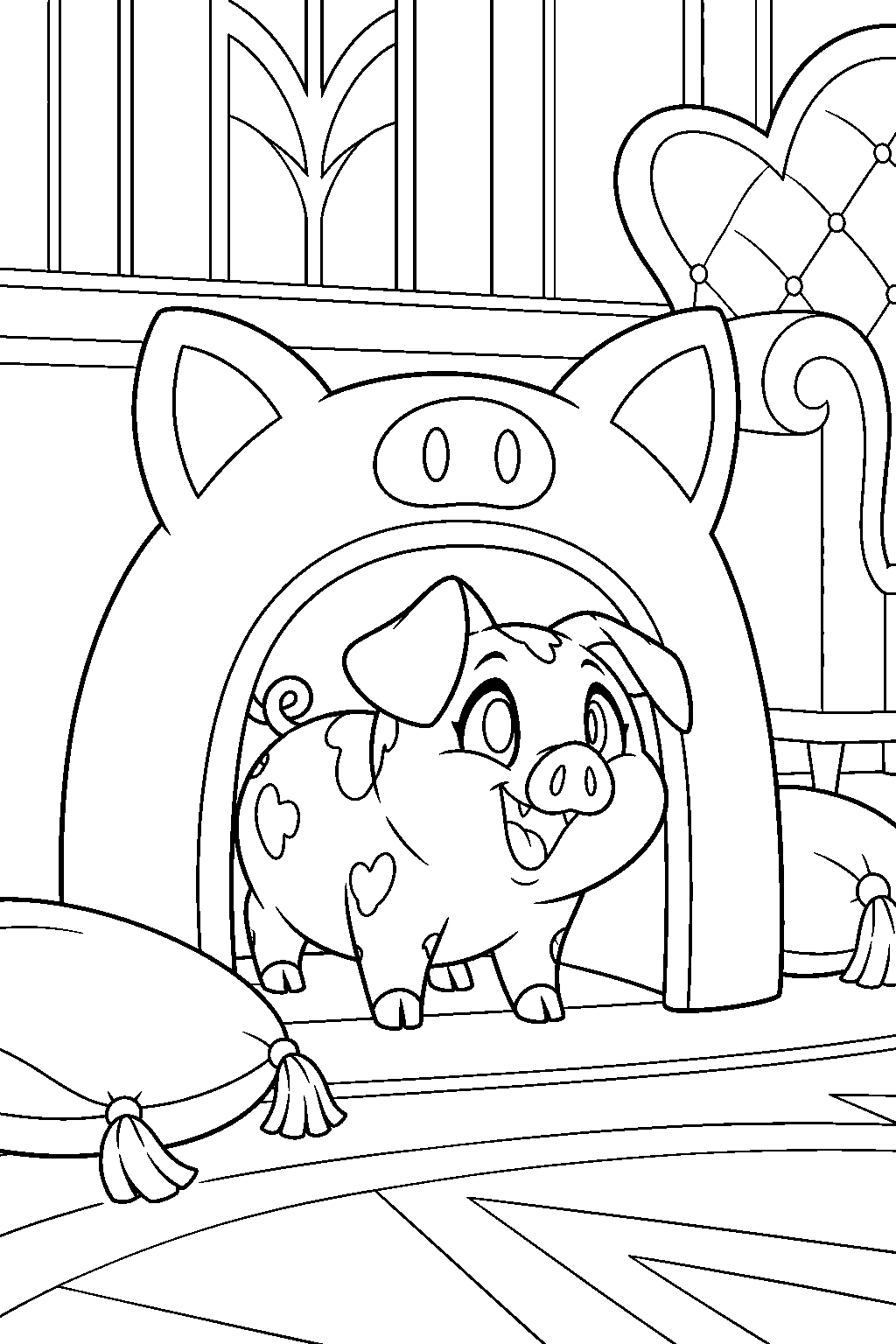 hazbin hotel fat nuggets peeking out of his pig shaped kennel in the hotel lounge line art