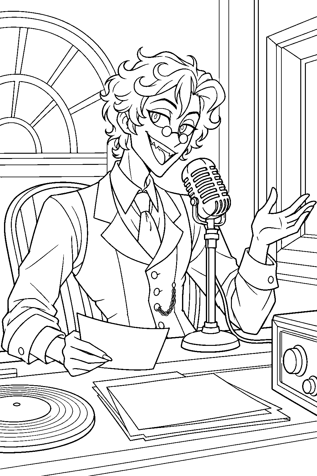 hazbin hotel human alastor hosting a radio show in his waistcoat and glasses line art