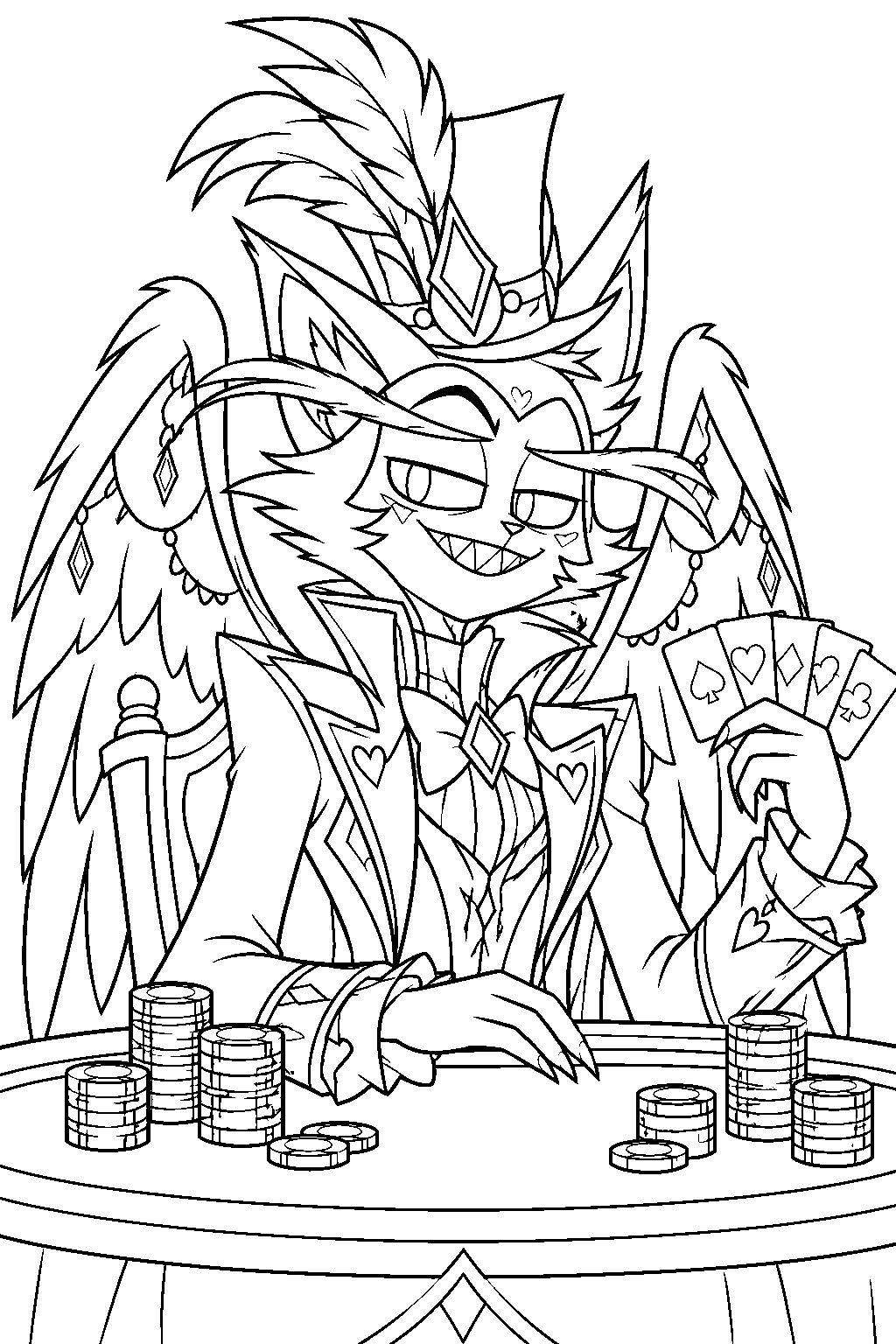 hazbin hotel husk in his former overlord outfit holding cards at a poker table line art
