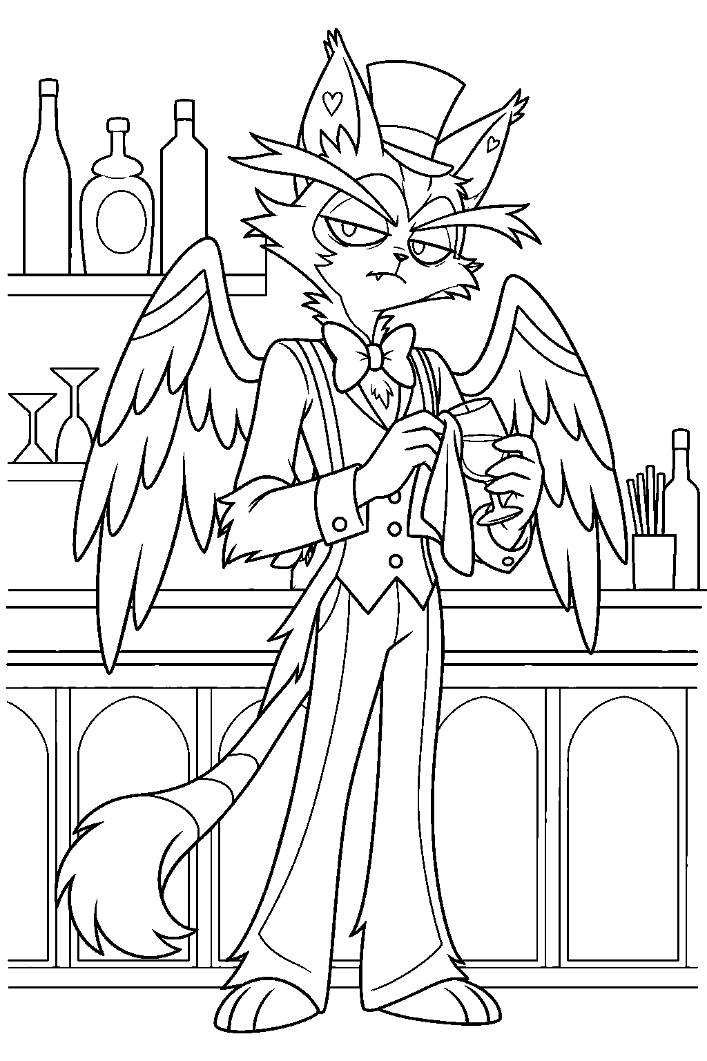 hazbin hotel husk polishing a glass behind the hotel bar line art