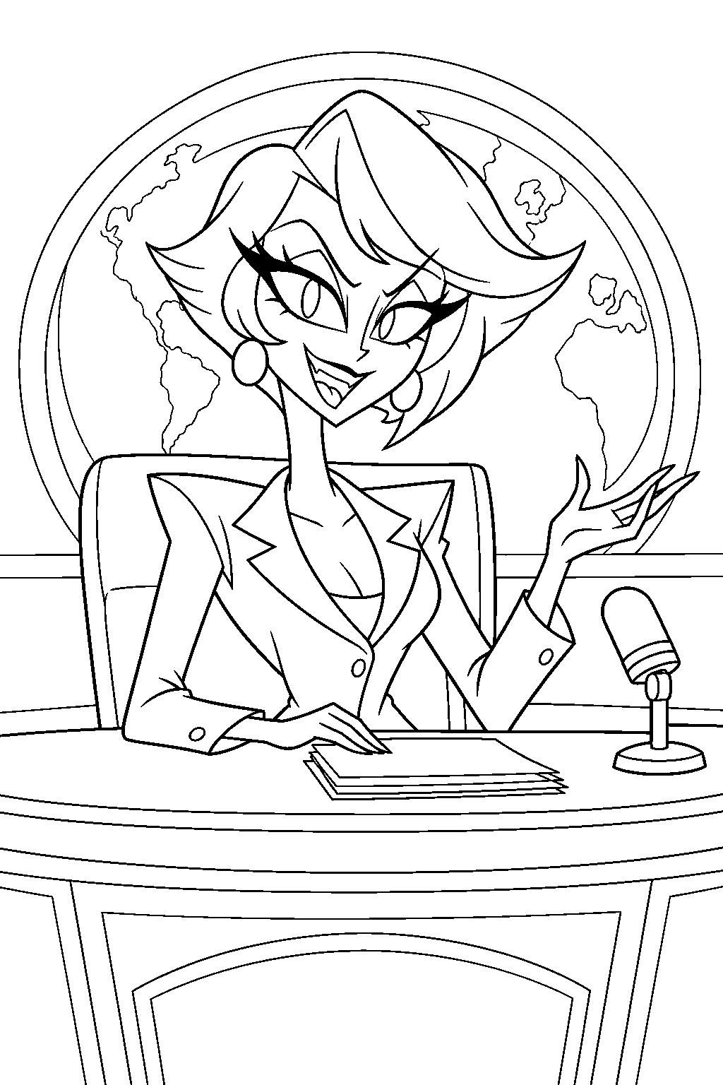 hazbin hotel katie killjoy presenting the news at the 666 news desk line art