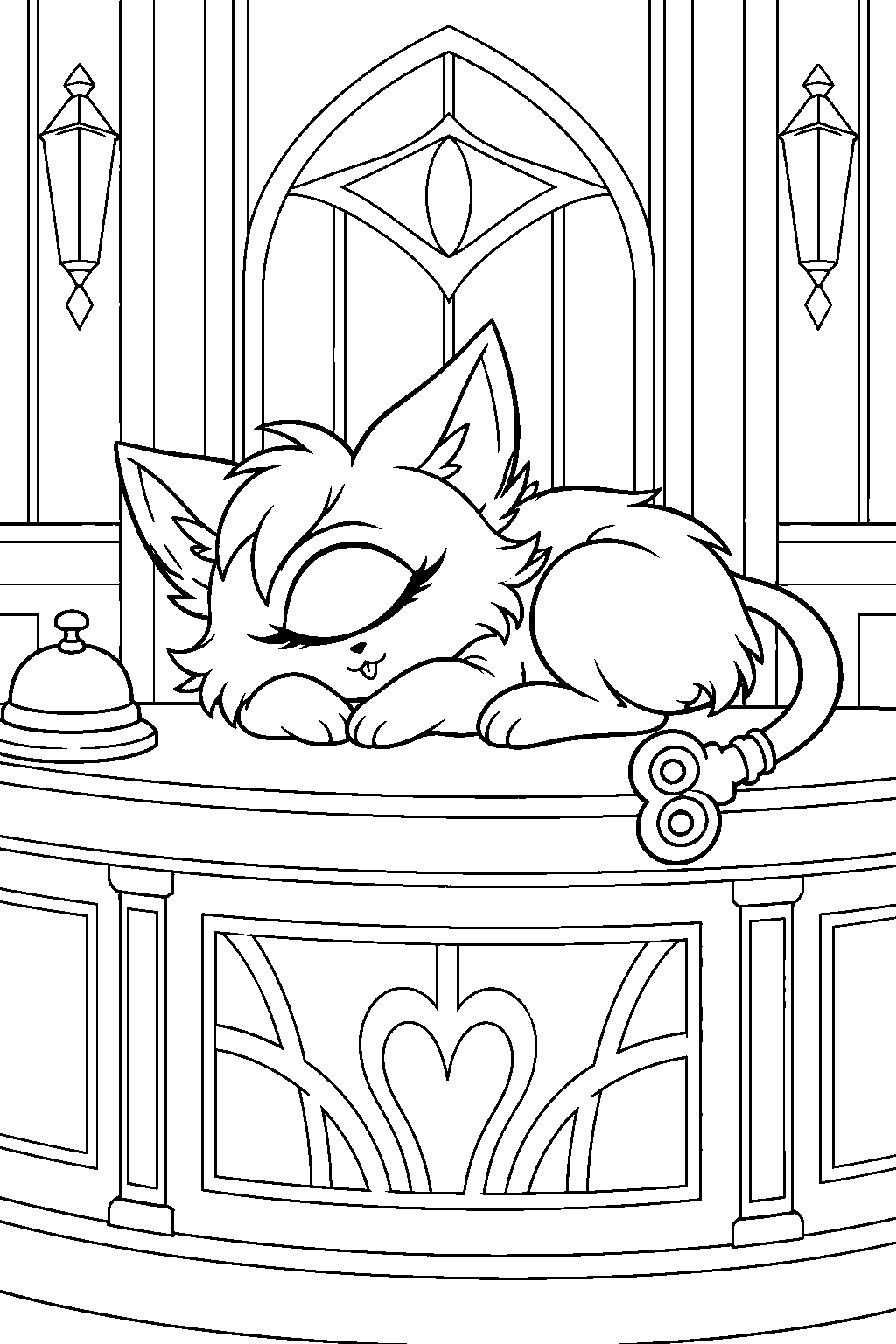 hazbin hotel keekee curled up on the hotel reception desk line art